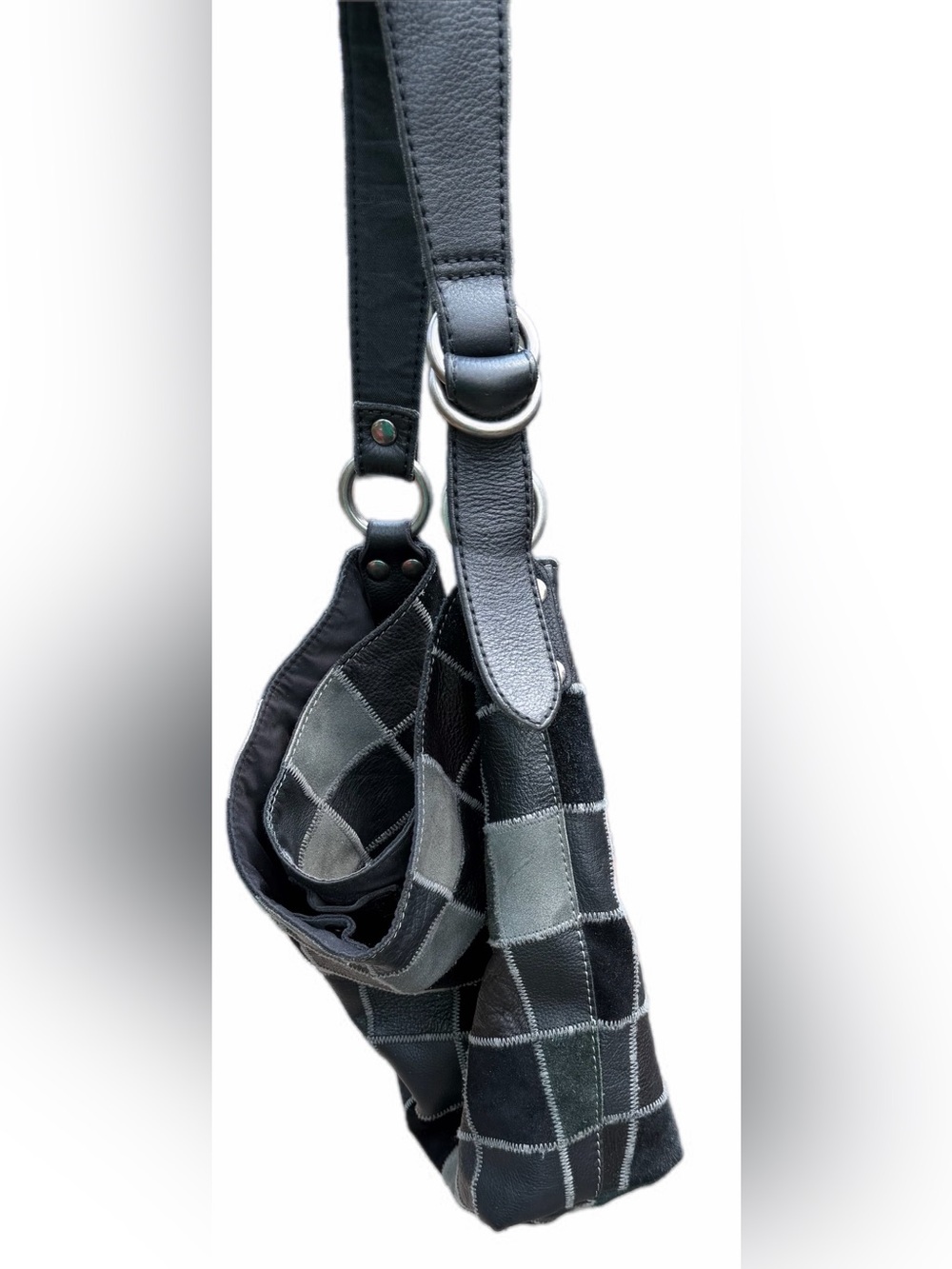 Lucky Brand Black Gray Patchwork Leather Suede Hobo Shoulder Bag Boho Y2K - Picture 5 of 13